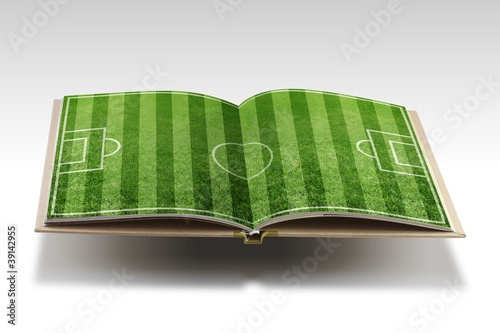 Open book with soccer stadium on white background
