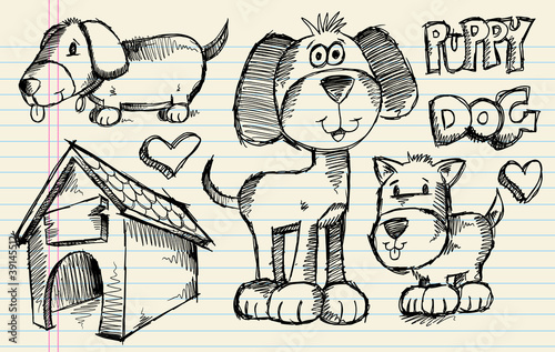 Notebook Doodle Sketch Puppy Dog Vector Illustration Pet Set
