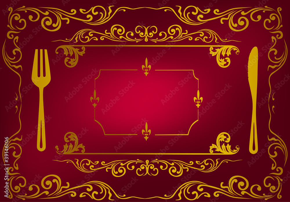 gold decorated menu on red background