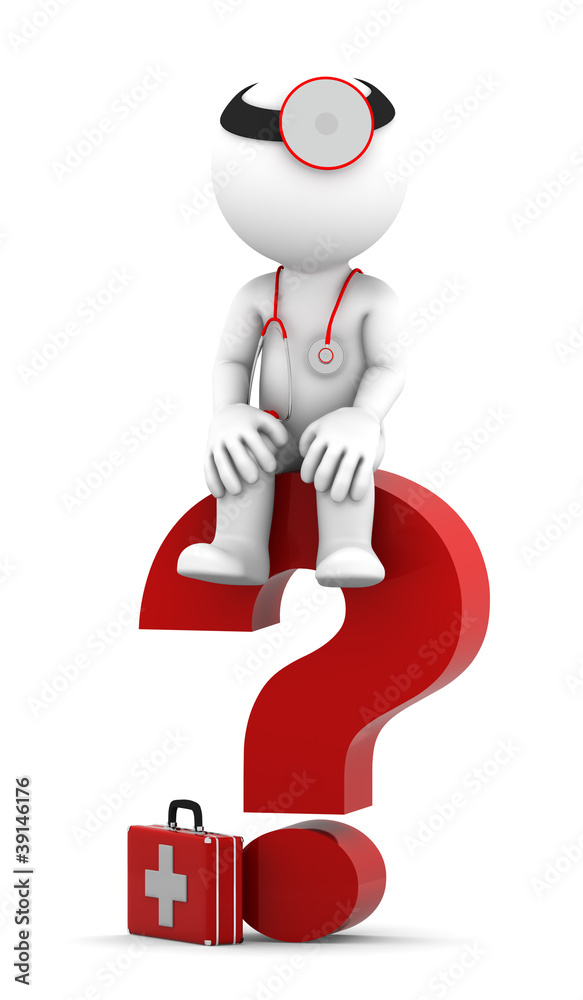 Medic sittting on question mark. Isolated over white Medic sittting on question mark. Isolated over white