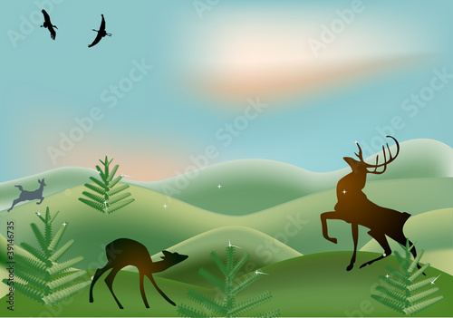 Fototapeta Naklejka Na Ścianę i Meble -  two deers between firs