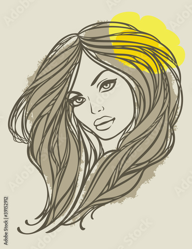 Portrait of long haired girl with flower. Vector illustration.