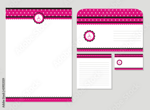 pink candy template blank, visiting card, notes and envelope
