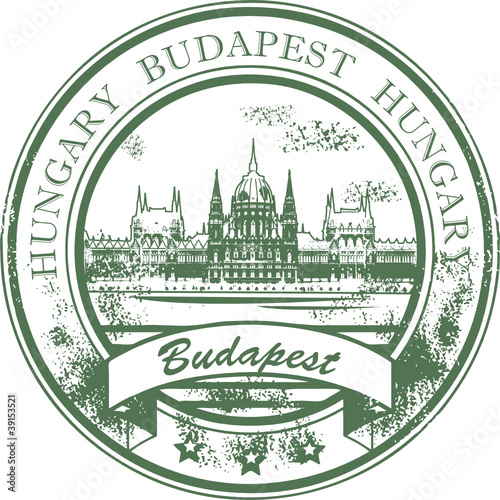 Stamp with Parliament building and the words Budapest, Hungary