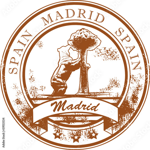 Stamp with statue of Bear and the words Madrid, Spain