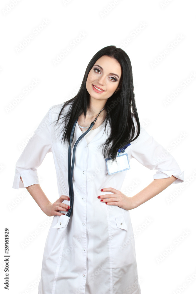 young beautiful doctor with stethoscope isolated on white. young beautiful doctor with stethoscope isolated on white.