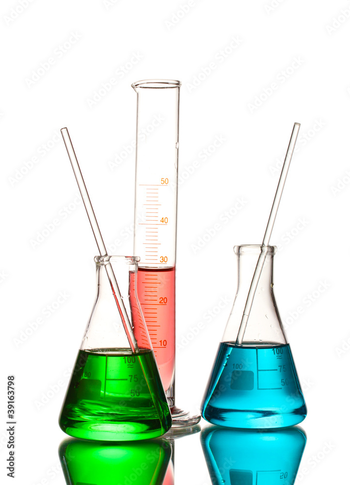 Three flasks with color liquid and with reflection isolated Three flasks with color liquid and with reflection isolated
