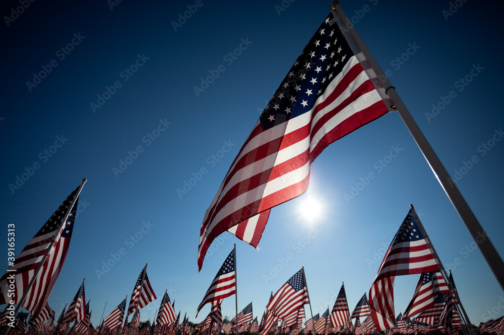 American Flag display commemorating national holiday - obrazy, fototapety, plakaty 