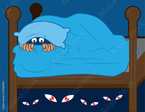 Kid hiding in covers from monsters under the bed.