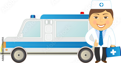 cartoon veterinarian doctor and car ambulance