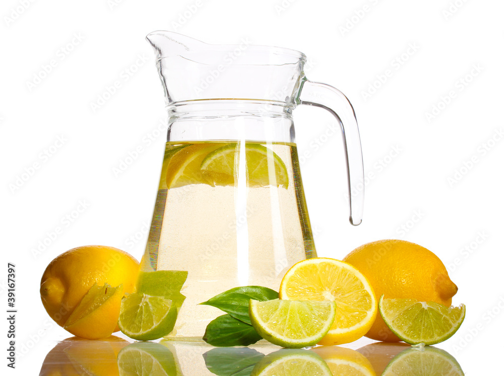 pitcher of lemonade, lime and lemon isolated on white pitcher of lemonade, lime and lemon isolated on white