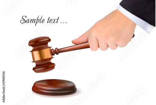 Hand holding judge gavel. Vector