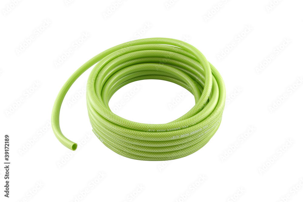 Roll of green pvc garden hose on white background. Roll of green pvc garden hose on white background.