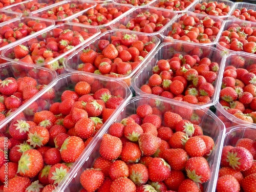 Strawberries in boxes at the greengrocer