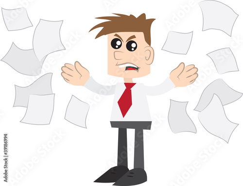 Isolated business man angrily throwing papers