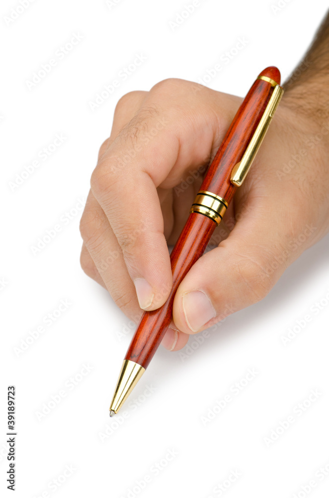 Hand with pen writing on white Hand with pen writing on white