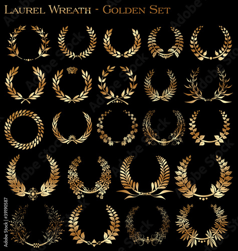 Set from gold laurel wreath on the black background