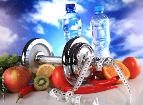 fitness, water and healthy food