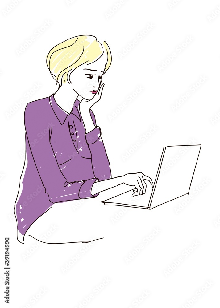 Sketch of Young woman with laptop. Vector illustration Sketch of Young woman with laptop. Vector illustration