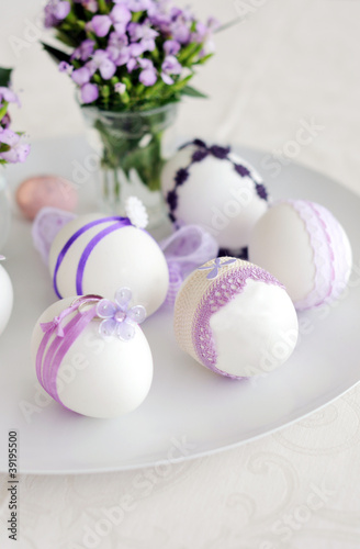 Table decoration for Easter breakfast with eggs