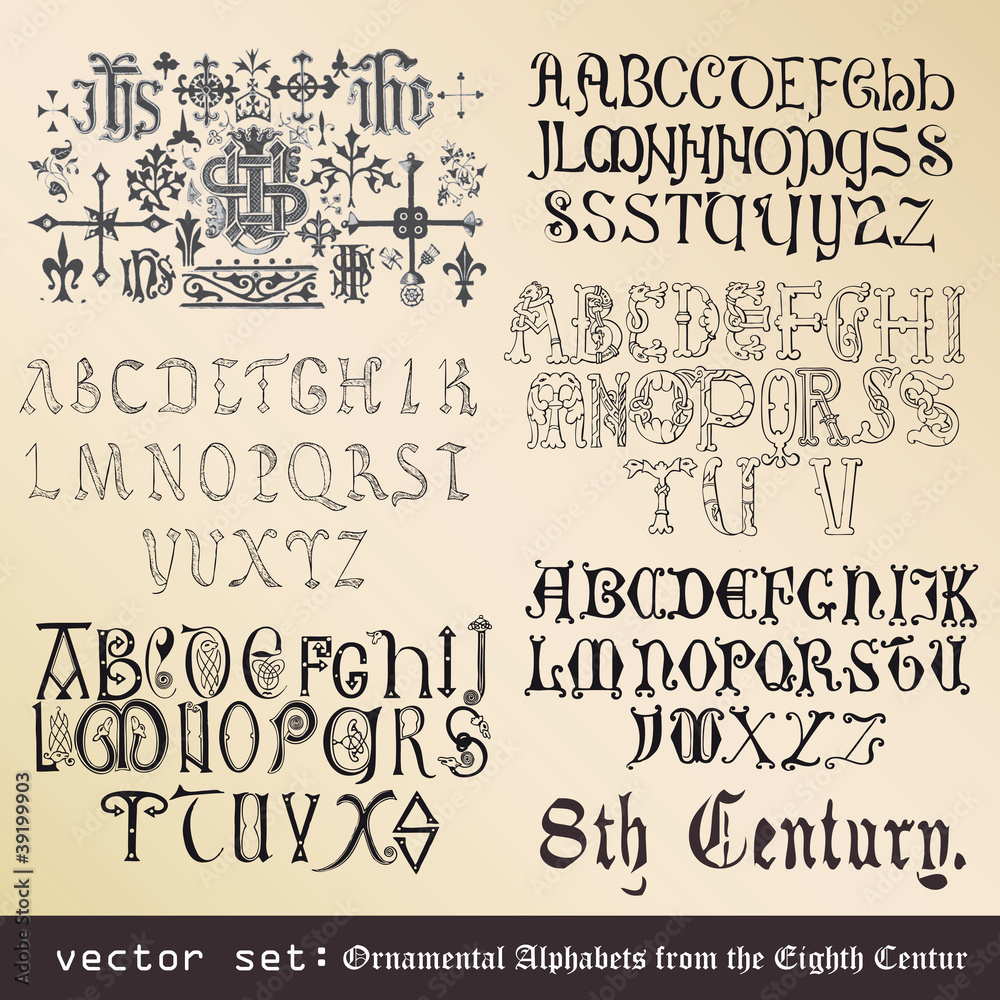 Obraz premium vector set: Ornamental Alphabets, from the Eighth Century
