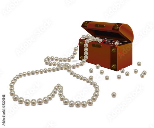 Broken pearl neklace in the shape of a heart and a small chest