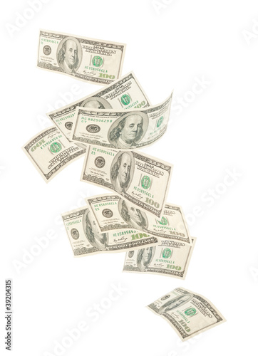 Isolated floating American hundred notes isolated