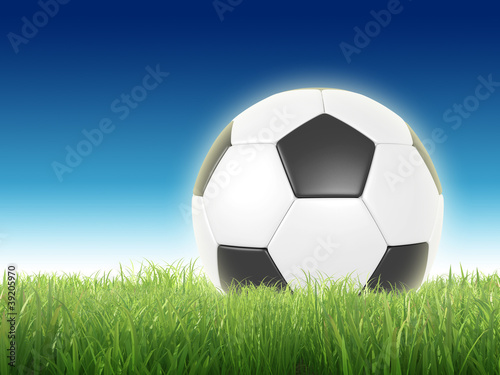 Football or soccer ball on a green lawn - outdoors