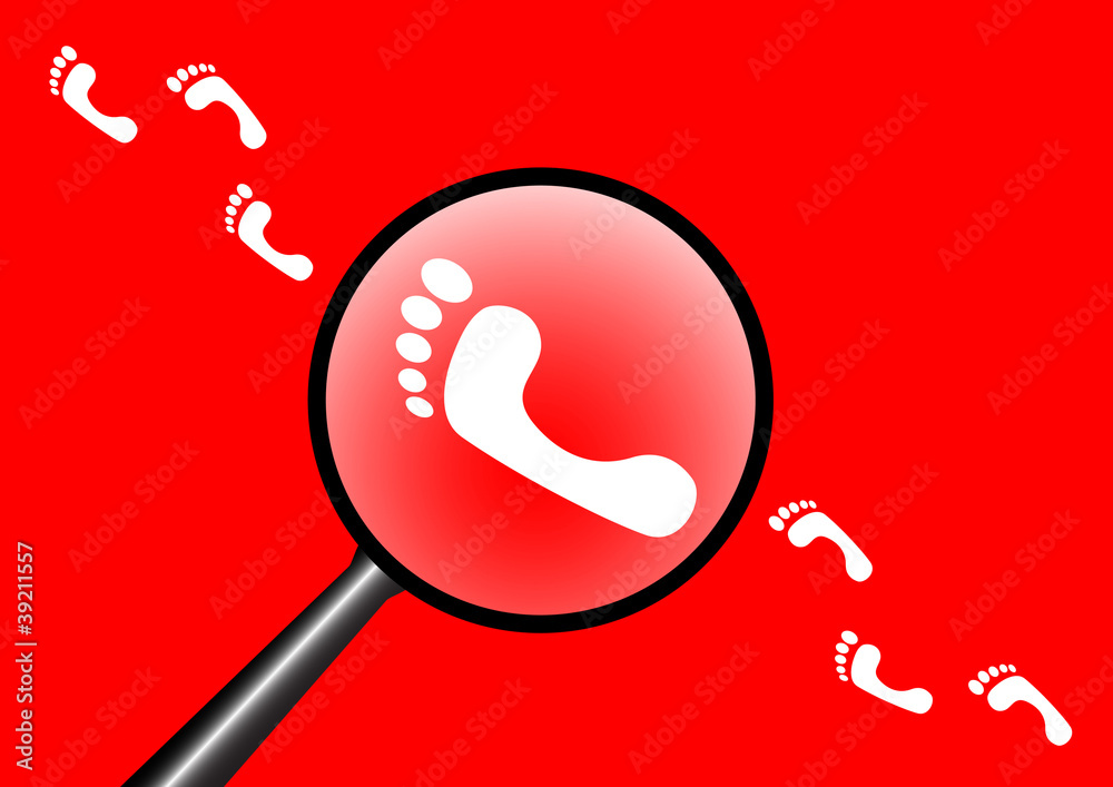 Magnifier and footprints on red background Magnifier and footprints on red background