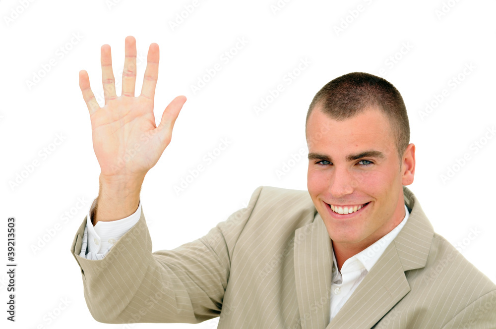 Happy young manager or student waving his hand Happy young manager or student waving his hand