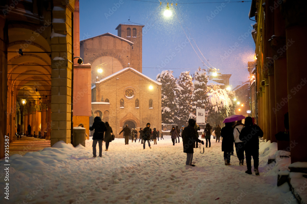St. Stefano square covered by snow. Bologna, Italy.