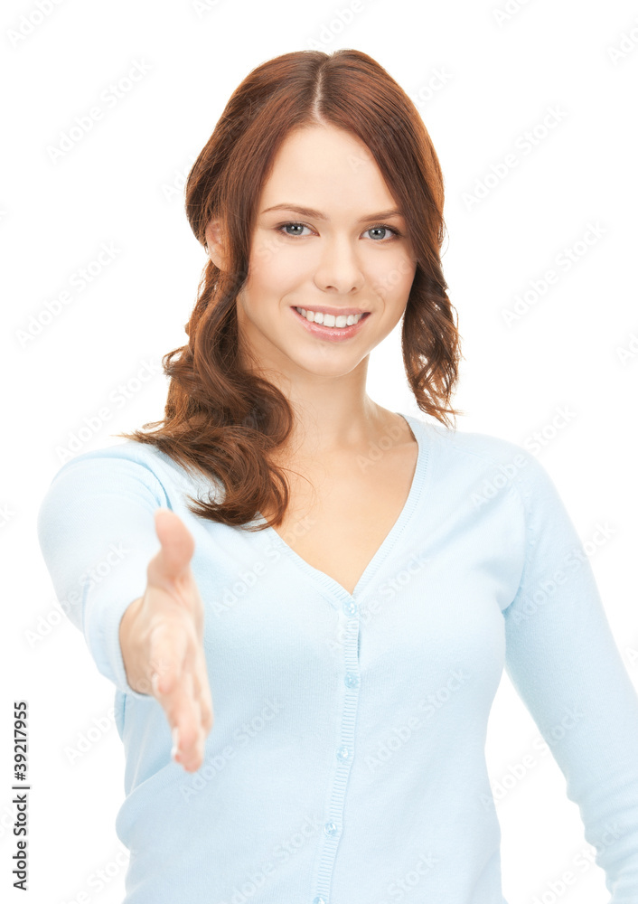 woman with an open hand ready for handshake woman with an open hand ready for handshake