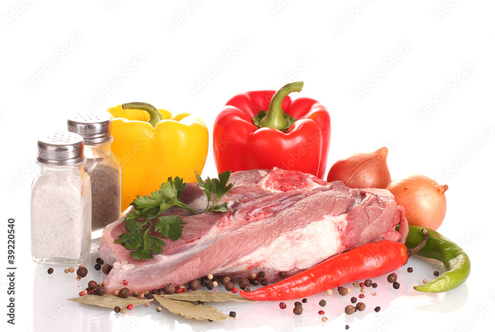 Raw meat and vegetables isolated on whitе Raw meat and vegetables isolated on whitе