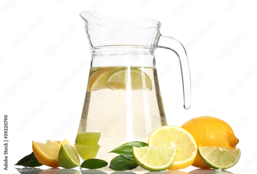 pitcher of lemonade, lime and lemon isolated on white pitcher of lemonade, lime and lemon isolated on white