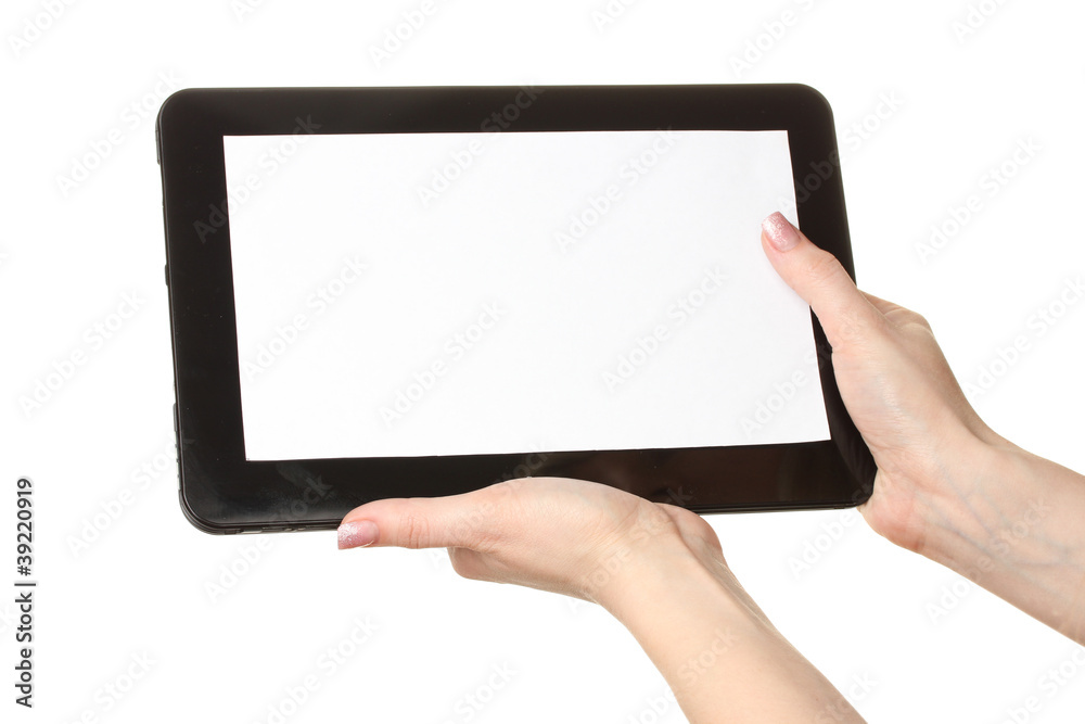 woman hands holding a tablet isolated on white woman hands holding a tablet isolated on white