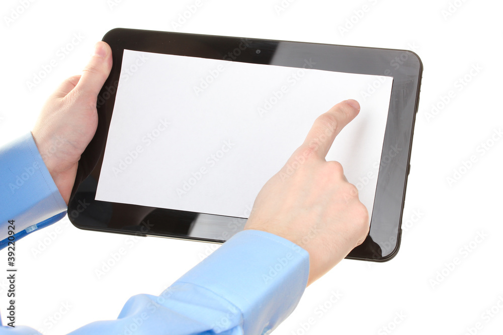 male hands holding a tablet isolated on white male hands holding a tablet isolated on white