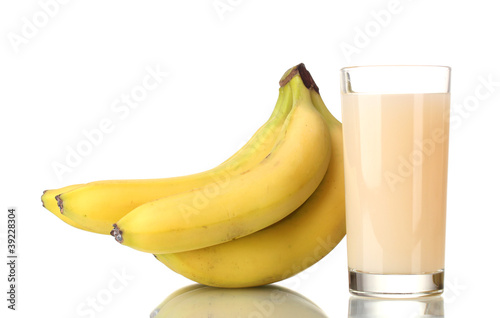 Bunch of bananas with banana juice isolated on white