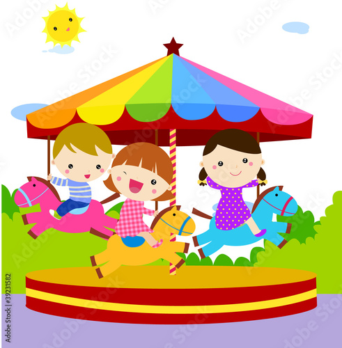Children having fun at the Merry go round Amusement Park Game cartoon vector illustration