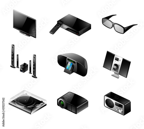 Vector set of 9 modern black TV and audio icons