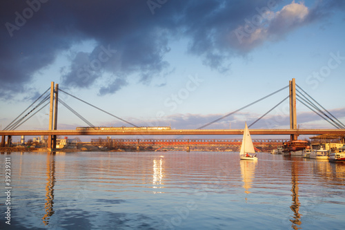 Fototapeta Naklejka Na Ścianę i Meble -  Train bridge on river Sava