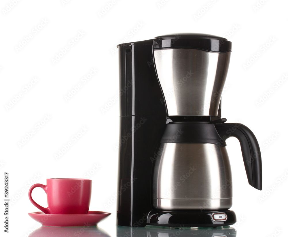 Coffee maker with red cup isolated on white Coffee maker with red cup isolated on white