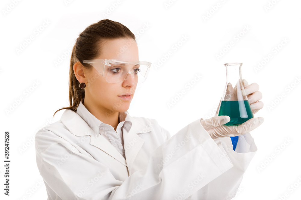 Isolated scientist woman in lab coat with chemical glassware Isolated scientist woman in lab coat with chemical glassware
