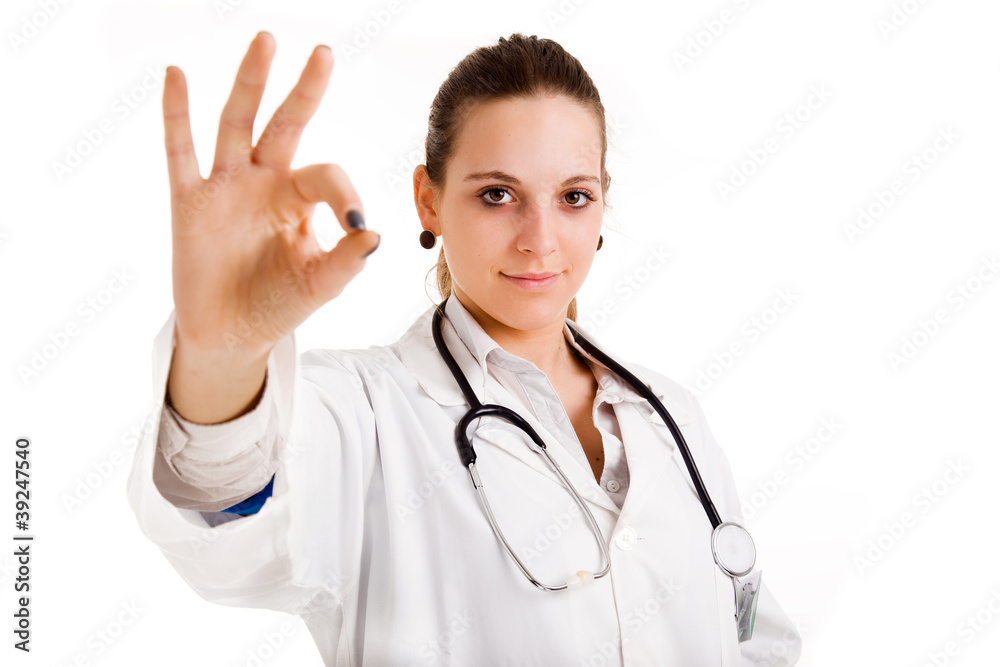 Happy smiling female doctor with okay gesture, isolated on white Happy smiling female doctor with okay gesture, isolated on white
