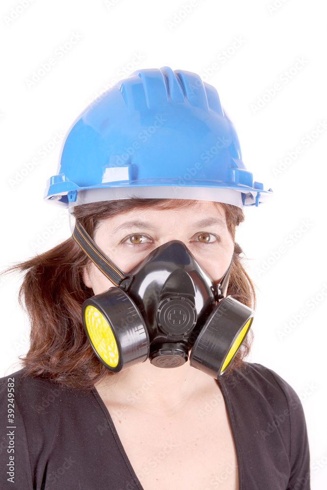 woman with safety protection, gas mask and helmet woman with safety protection, gas mask and helmet