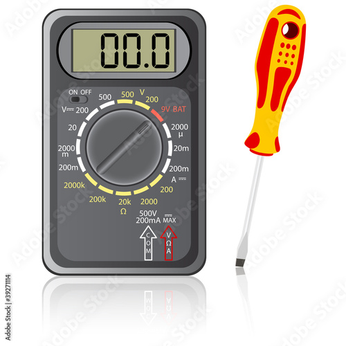 Multimeter of black color and screwdriver