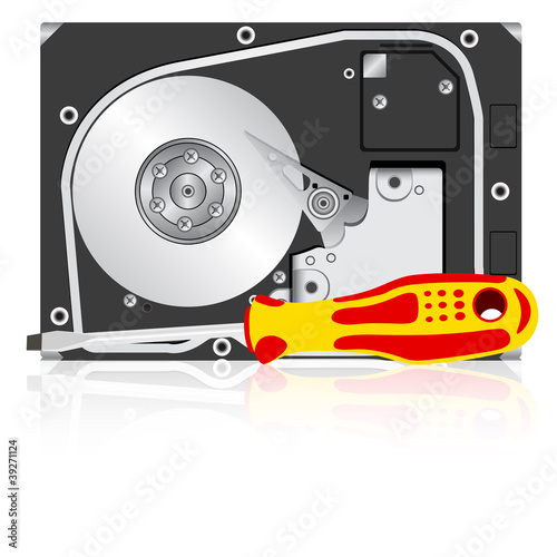 Computer hard disk drive and screwdriver.