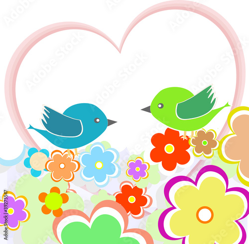 Card with birds on red heart among flowers with place for text