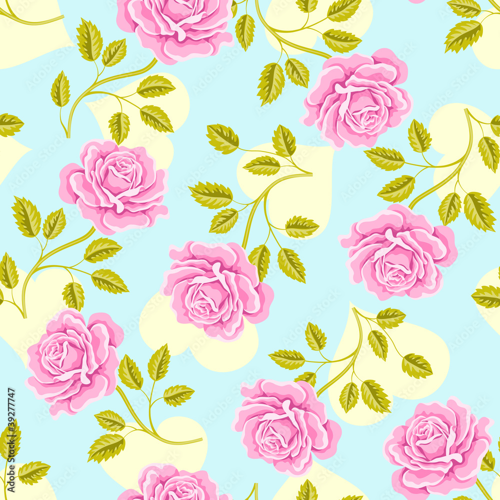 Seamless wallpaper pattern with roses and hearts