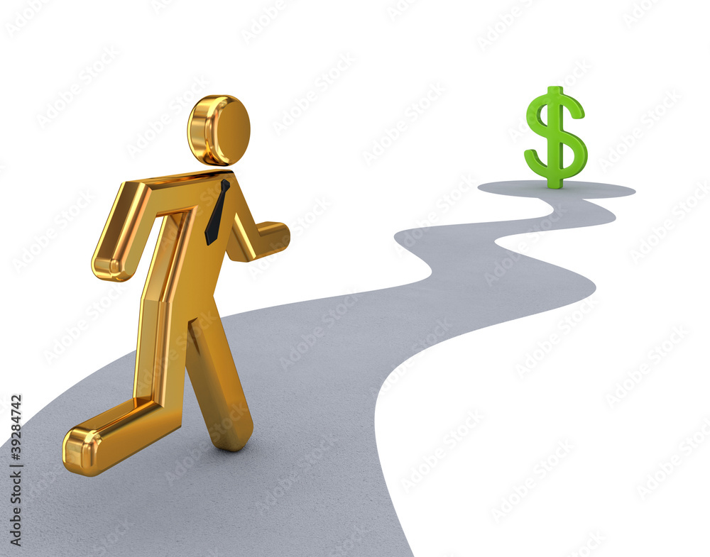 Golden 3d small person running to dollar sign. Golden 3d small person running to dollar sign.