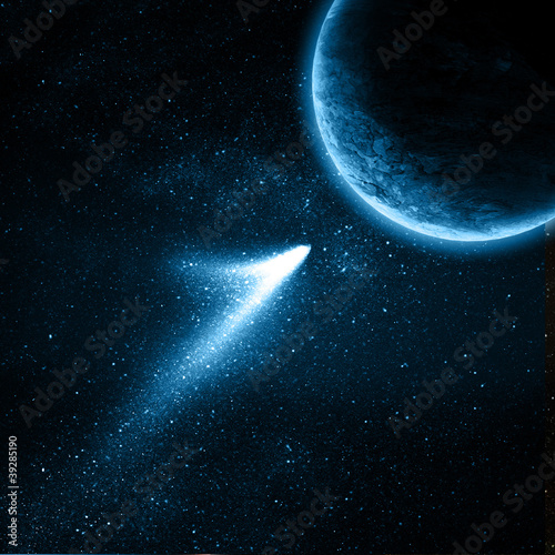 comet flying to planet in space